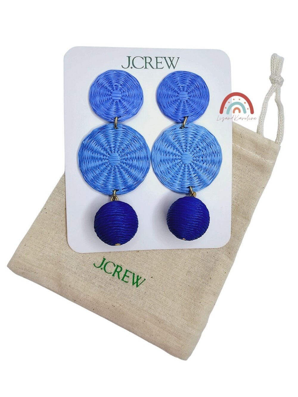 New! J. Crew Raffia Straw Bohemian Tripe Drop Blue Earrings